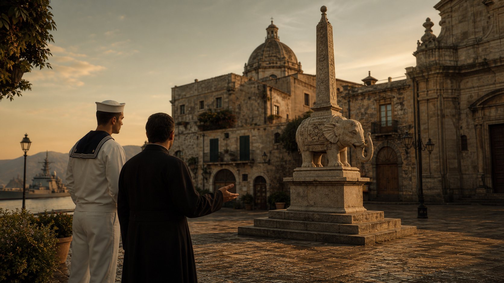A Navy sailor and chaplain discovering an elephant and obelisk monument in an old Italian piazza