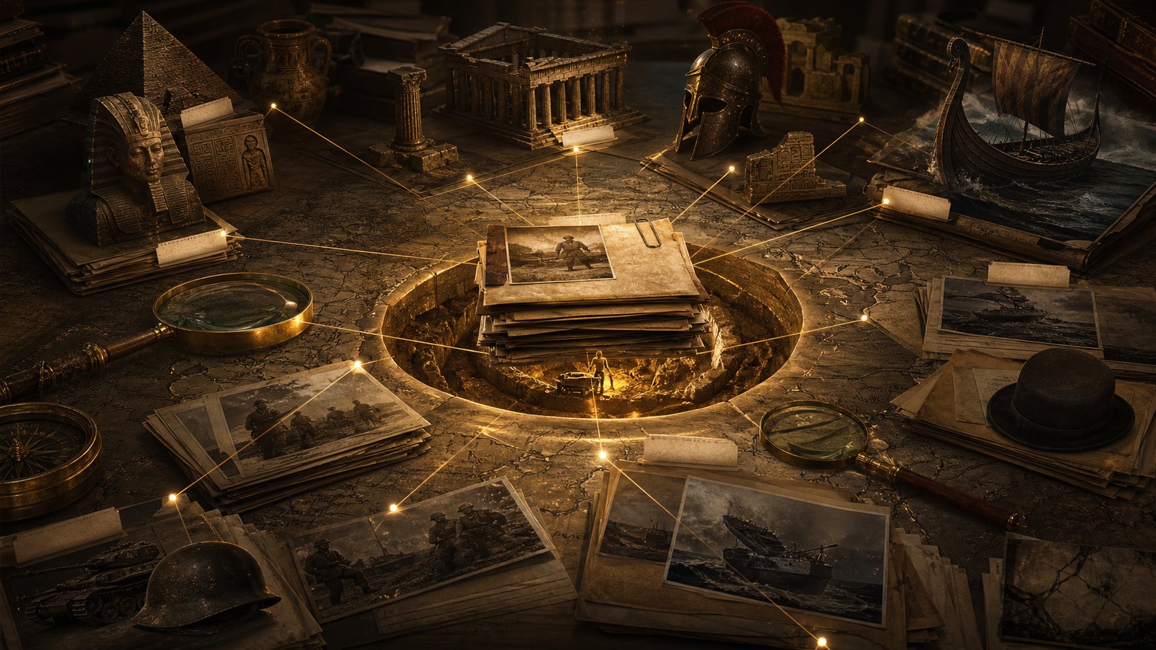 A cinematic archive table showing historical anchors connected to overlooked variables
